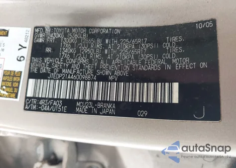 2006 Toyota Highlander Limited V6 from USA, damaged, VIN JTEDP21A460098874